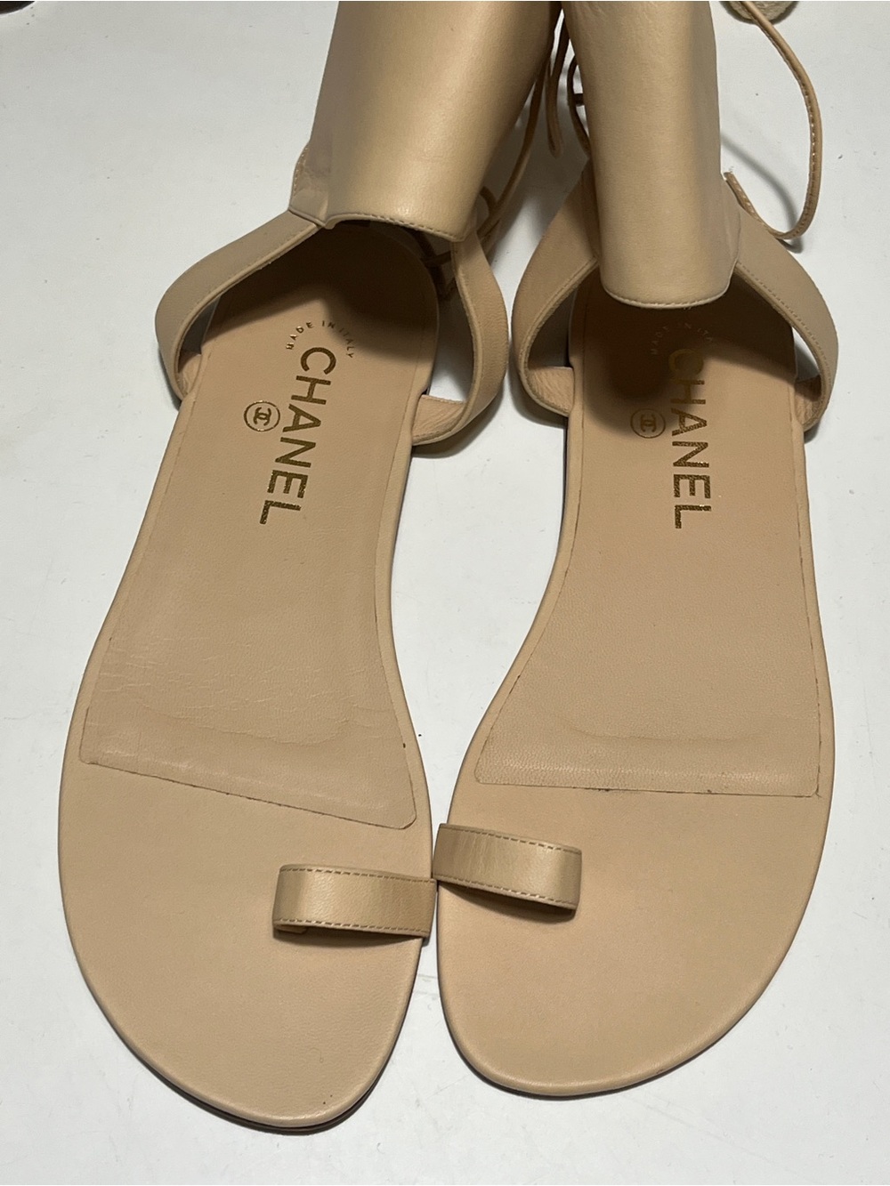 CHANEL Nude Leather Lace-Back Flat Sandals - Picture 3 of 6